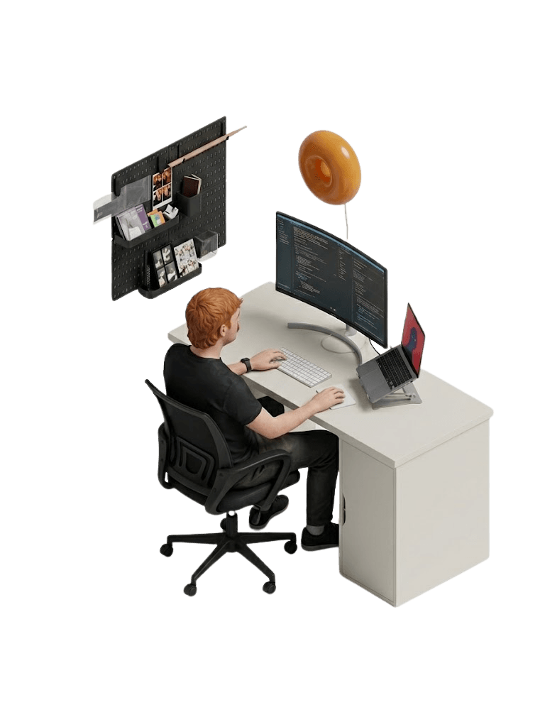 Isometric illustration of Guillaume Barra working at a desk with a curved monitor, laptop, and pegboard on the wall.
